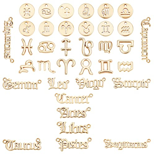 SUNNYCLUE 1 BOX 3 Sets 36Stück Gold Sternzeichen Charm Legierung Zwölf Konstellation Zeichen Wort Epoxidharz Füllstoffe Jungfrau Skorpion Waage Löwe Flache Runde Anhänger Für Die Schmuckherstellung