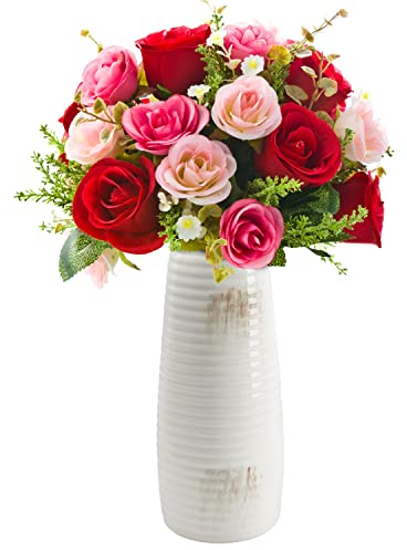 Belle Vous Vase Blanc Ceramique Nervuré Ancien - Vase Blanc Design Décoratif Moderne - Décoration Intérieure pour Herbe de Pampa et Fleurs - Bibliothèque, Cheminée, Table, Entrée et Salon