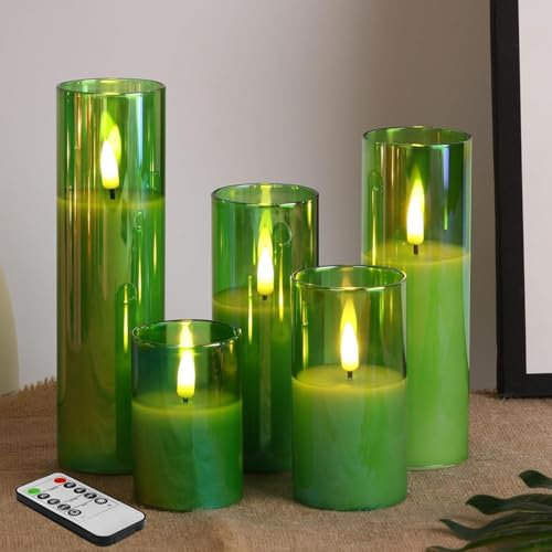 Eywamage Slim Grün Glass LED Kerzen mit Fernbedienung 5er Set Φ 2 H 3 4 5 6 7