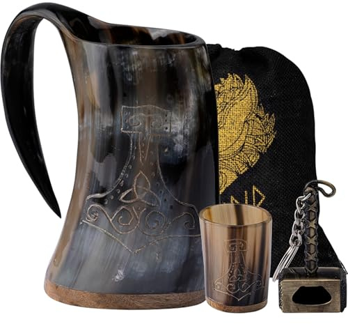 FENRIR Premium Viking Natural Drinking Horn Mug Authentic Food Grade with Short Glass and Bottle Opener for Ale Beer Cold Drink (16-oz 3 Pieces Set Size-6.5 Inch)