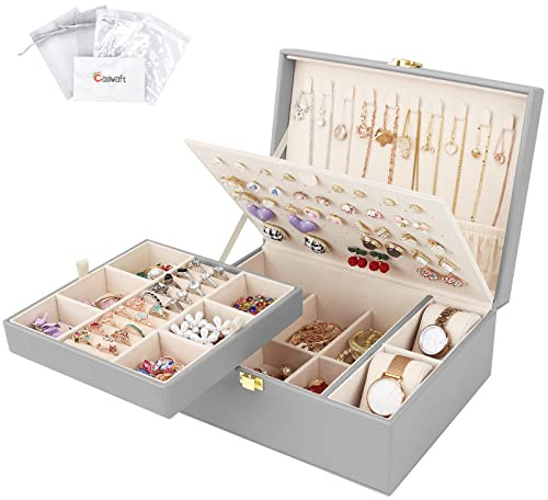 Casiwaft Boîte à bijoux en Cuir, Coffret à Bijoux 2 Couches Grande Capacité avec oreiller de montre, Rangement Bijoux avec Plateau amovible pour Bagues, Boucles d'oreilles, Colliers, Bracelets, Gris