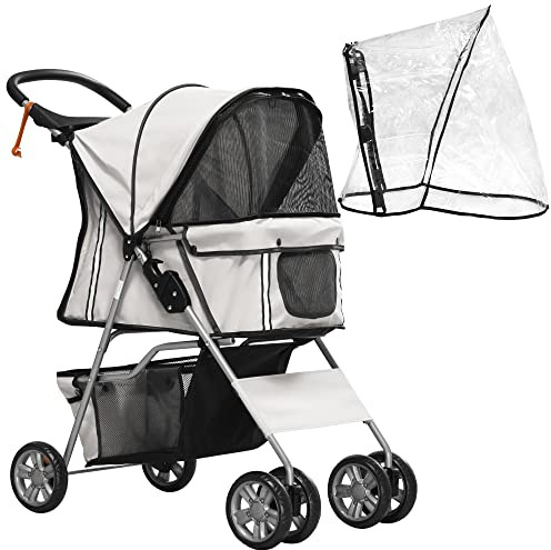 PawHut Hundebuggy, Hundewagen mit Regenverdeck, faltbarer Hundetrolley bis 10 kg, Katzenbuggy für kleine Hunde mit Netzfenster, Katzenwagen, Grau, 75 x 45 x 97 cm