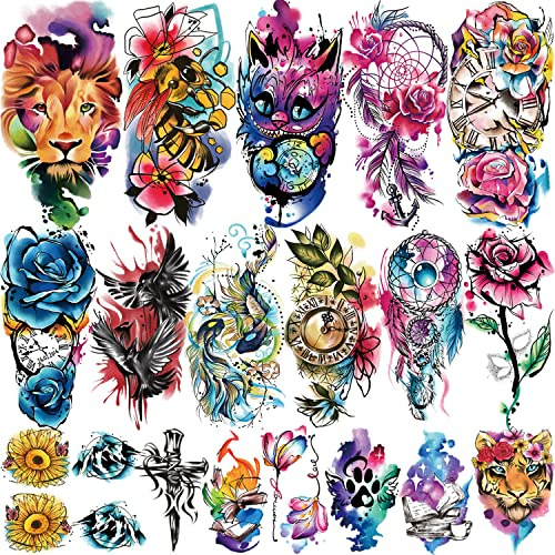 77 Blätter Aquarell Temporäres Tattoo,17 Blätter Halber Arm Schmetterling Blume Löwe Wolf Traumfänger Fake Tattoos für Männer Frauen,60 Blätter Kleines Tattoo für Erwachsene Kinder Mädchen