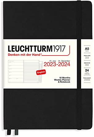 LECUHTTURM1917 367690 Weekly Planner & Notebook Medium (A5) 2024, 18 months, Black, English