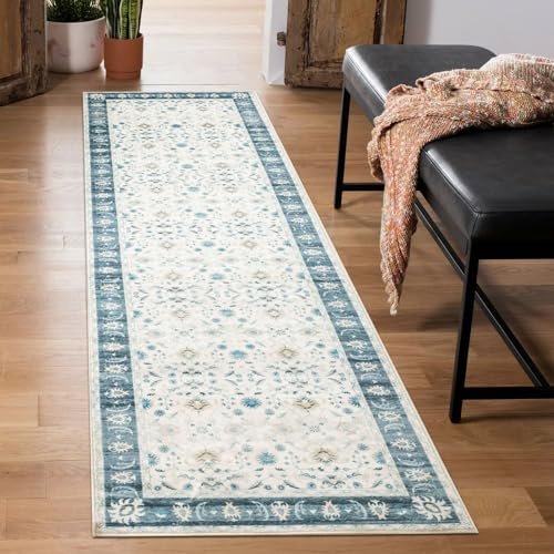 Carvapet Tapis de Couloir 60x210cm Lavable Tapis de Passage Long Tapis de Cuisine Fleurs Imprimées Doux Microfibre Tapis de Sol(Bleu)