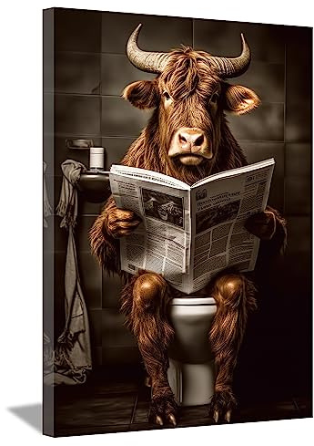 LZIMU Badezimmer Kuh Bild auf Leinwand braunes Vieh das auf Toilette sitzt und Zeitung liest Leinwand Bild lustige Tiere Poster Wanddekoration Gerahmt(4, 30x45cm)