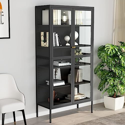KOIECETA Vitrine mit 4 Regalfächern Highboard Hochschrank Standvitrine Glasvitrine Bücherschrank 90x40x180cm Stahl Gehärtetes Glas (Anthrazit)
