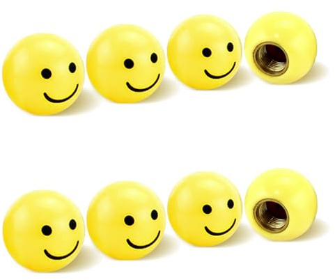 UngVeil 8 Pcs Yellow Smiley Tyre Wheel Alloy Valve Caps Yellow Smiling Valve Dust Caps Tyre Valve Cover for SUV Motorbike Trucks Bike Bicycle