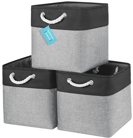 OrganiHaus Aufbewahrungsbox 30x30cm 3er-Set, Würfelkörbe aus Stoff mit Seilgriffen, Faltbare Aufbewahrungswürfel für Kallax Organizer, Ablagekörbe für das Kinderzimmer Grau schwarz