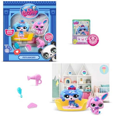 BANDAI Littlest Pet Shop Petfluencer Super Salon | Petfluencer Set enthält 2 LPS-Mini-Haustierspielzeuge, 4 Zubehörteile, 1 Hintergrund, 1 Sammelkarte und 1 virtuellen Code, Sammelspielzeug für