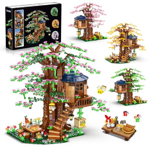 INSOON 4 in 1 Blumen Baumhaus Bauspielzeug mit LED Licht, 1157 Stück Baumhaus Bauklotz Spielzeug, Wald Holz Haus Baukasten mit Vogel Bienen, Geschenk für Erwachsene Kinder Mädchen Jungen Alter 10+
