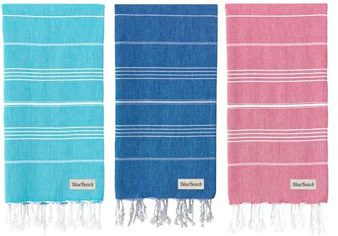 Blue Beach Turkish Towel - Set of 3-100x180cm Large Turkish Hammam Peshtemal Towel - Super Absorbent, Quick Dry, Lightweight, Compact Towels for Swimming, Bath, Travel (Blue + Turquoise + Fuchsia)