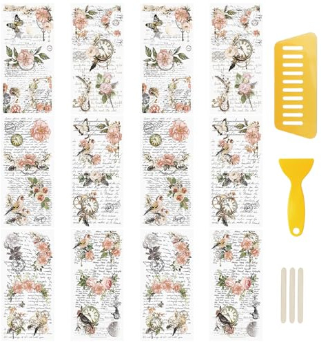 WANDIC 12 Bogen Rub on Transfer Stickers, Rosa Blumen Aufkleber Wand mit Vintage Muster, Wasserdicht, Handarbeiten, Möbel, DIY Kunsthandwerk, Dekorieren für Fotoalbum und Scrapbook, 15 x 30 cm