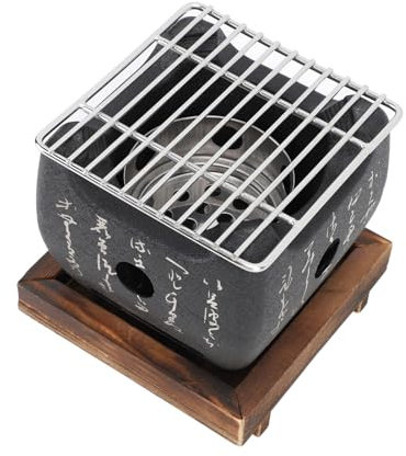 Japanese Style BBQ Grill, Mini Charcoal Stove Portable Barbecue Stove with Wire Mesh Grill and Wooden Base, Japanese Tabletop Household Barbecue Tools for Camping (16.5x14.5cm /