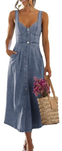 ebossy Abito in denim elasticizzato con punto smock per le donne senza maniche Babydoll Button Down Midi Abiti lunghi Jean, Azzurro chiaro, L