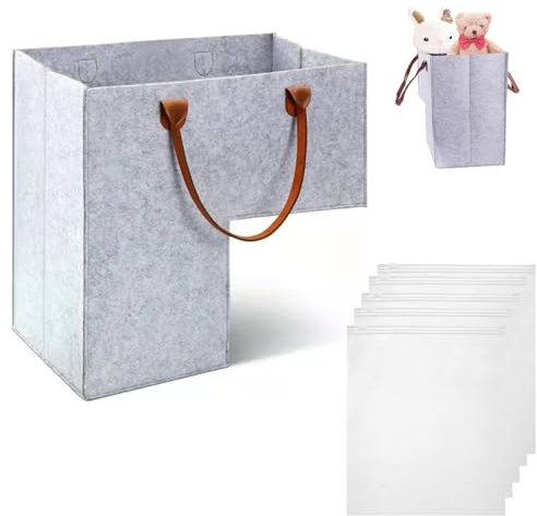 VireEyU Cesti per scale con manici, Fornito con cinque sacchetti portaoggetti, Cesto pieghevole a forma di L per l'organizzazione degli scalini, giocattoli, articoli per la casa, grigio