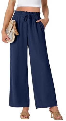 PrinStory - Pantaloni a gamba larga per donna, leggeri, estivi, stile palazzo, con coulisse, vita alta, casual, dritti, blu navy, S