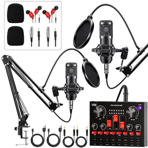 Brvomussy Podcast Equipment Bundle for 2, Audio Interface with Voice Changer Condenser Microphone for Gamer, All-in-One Audio Mixer Perfect for Live Streaming, Singing, YouTube, Gaming