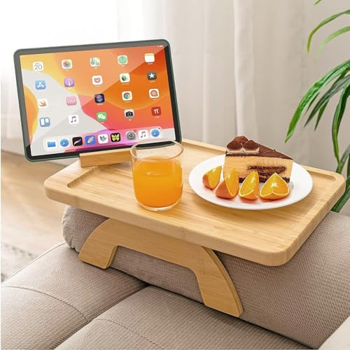 Sofa Armlehne Tablett Couch Tassenhalter Tablett Armtisch Holz faltbar Sofa Arm Tablett Clip Tisch mit rotierenden Telefonhalter für Essen Getränke Snacks Fernbedienung 13. 75x9. 5 Zoll