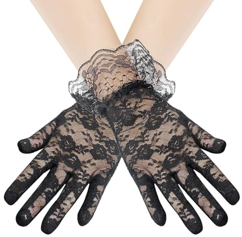 SUBTAVIK Guantes de encaje para mujer, guantes cortos de novia, guantes de encaje floral para mujer, guantes cortos de encaje, guantes de encaje elegantes para bodas, óperas, fiestas de té (negro)