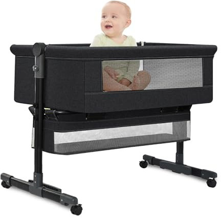 Sinbide Babybett, Kinderbett mit weich Matratze und Rollen, Höhenverstellbares und faltbares Reisebett mit Moskitonetz und einem Regalkorb, Ausziehbare Bettfüße, Neugeborene