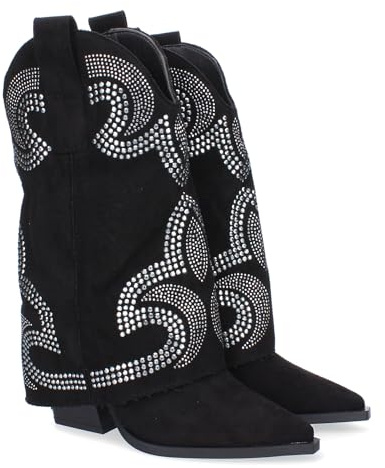 shoes&blues.es 90354 Botines de Tacon para Mujer, Estilo Cowboy Polaina, Comodas y Elegantes, con Adorno de Tachuelas Sin Cierre. Negro Talla 37