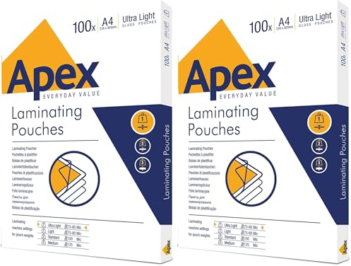 Fellowes Apex A4-Laminierfolien, glänzende Oberfläche, 100 Blatt - Super-Flex - Ideal für Notizen und Fotos (Packung mit 2)