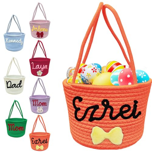 Skartam Personalisierter Osterkorb mit individuellem Namen, Osterkorb für Jungen und Mädchen, personalisierbar, Osterkorb, Kaninchen, Ei, Süßigkeitentüten, Orange/Abendrot im Zickzackmuster (Sunset