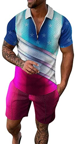 Sportanzug für Herren, eng anliegend, bequem, 2 Stück, Sommer, bedruckt, Strand, Business-Anzug, Reißverschluss, Strand, Sportanzug, kurzärmelig, zum Laufen, Rot (Rosa Caliente), M