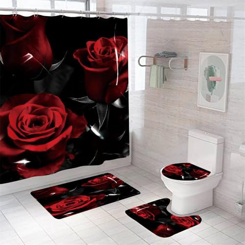 Badezimmerteppich Schwarze Rote Blüten Badteppich rutschfest Waschbar Badgarnitur 4 Teilig – Badematte Set Mit Wc-Vorleger Und Badematte,Teppich Badezimmer Für Sicherheit Und Komfort Im Bad 45X75Cm