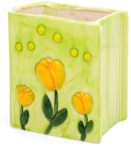 Busnos Stiftehalter Cute Buch-Blumenvase Pinselhalter Tulpen Schreibtischdeko Kawaii Geschenk für Frauen Geburtstag Pen Holder Gelb Vasen Schreibtisch Stifte Organizer Aesthetic für Mädchen