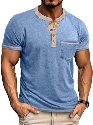 Mens Grandad Collar Henley T Shirt Short Sleeve Casual Smart Muscle Fit 4 Buttons Tee Summer Collarless Contrast Polo T-Shirts Tops with Pocket-Light Blue-XL