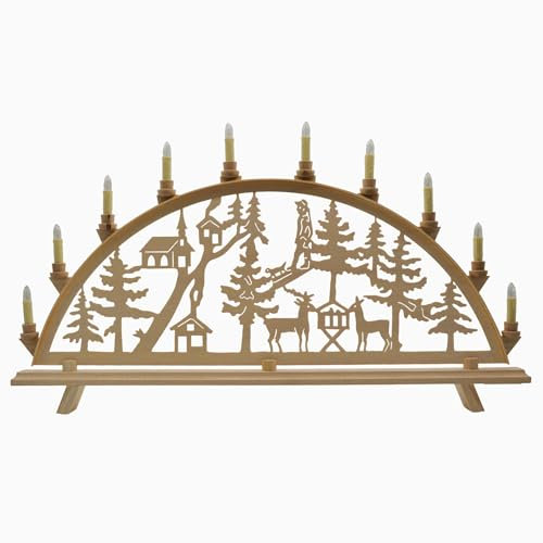 Erzwelt - Lichterbogen DBR83 – Schwibbogen aus Holz – Leuchtbogen mit 11 Kerzen – Original Erzgebirge Fensterbogen – handgemachte Weihnachtsdeko – Motiv Wald – 80 x 48 x 5 cm