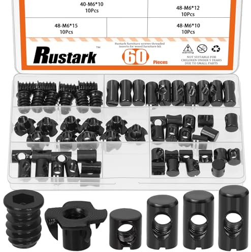 Rustark 60 Stück M6 Schwarz Zink Faßmuttern Vierzahn T-Nut und Gewindeeinsatz Sortiment Set Metrische Kreuzdorn Nutmuttern Schlitzmutter T-Nut Holzeinsätze Bolzen für Holz Möbel Betten