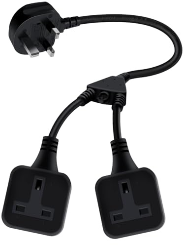 HuaLiSiJi 2 Way Extension Lead with Short Cable 13A 250V Double Socket Extension Lead for Home, Office (Black, 35 cm)