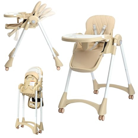 BONNLO Chaise Haute Bébé Évolutive, 6 Mois - 3 Ans (max. 15 kg)，Chaise de Nourriture Bebe Pliable, Siege Pliante, Siege d'Appoint Bébé, Avec Plateau, Repose-pieds, Réglable, Naissance (Beige)