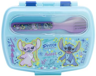 VARZI Porta Pranzo in Plastica con Posate Stitch e Angel | Resistente agli Urti e Infrangibile | BPA Free | Perfetto per Scuola e Parco
