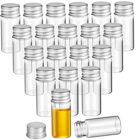 DECOMELODY 20 pièces Lot de Mini Flacons Verre Transparent avec Bouchon Aluminium à Vis Bouteilles Vides pour Échantillons Stockage pour Huiles Essentielles Épices et Cosmétiques Faits
