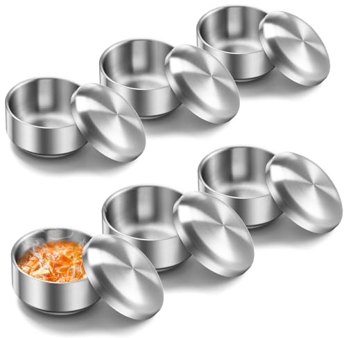 Reallnaive 6 Sets 12 oz Stainless Steel Korean Soup Rice Bowl with Lid for Cereal Kitchen Restaurant Double-walled Anti Scalding Metal Bowls for Soup Salad Noodles Insulated