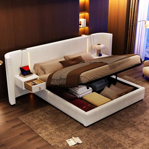 ZIDEY Bett mit Nachttischen, Schlafzimmer Komplett Set 180x200 Polsterbett mit LED&USB, hydraulischer Doppelbett Stauraumbett, Bettgestell mit Lattenrost und Stauraum, Samt, Ohne Matratze,Beige