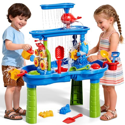Ci Vetch Sand- und Wasser-Spieltisch für Kleinkinder, 3-stufiger Wasserspieltisch mit Strand-Sandspielzeug für Kinder im Alter von 4–8 Jahren, Sommer-Outdoor-Wasserspieltisch mit Strand-Sandspielzeug