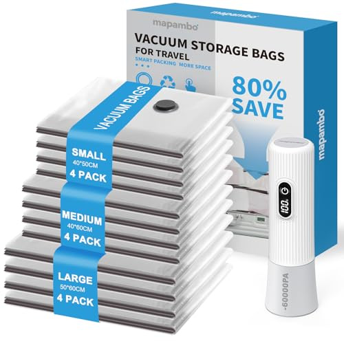 Sacs Sous Vide Vetement Aspirateur avec Pompe Électrique 60000Pa, 12 Unité Sacs de Rangement Sous Vide en 3 Tailles(40*50/40*60/50*60CM), Économisez 80% pour Les Bagages de Voyage et L’organisation