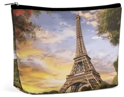 Travel Makeup Bags PU Leather Eiffel Tower Paris Cosmetic Bag with Zipper Large Toiletry Bag for Women Waterproof Portable Makeup Case Organizer Cute Zipper Pouch Make Up Bags