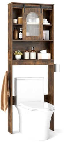 COSTWAY Over Toilet Storage Unit, Freestanding Bathroom Space Saver with Sliding Barn Door, Shelves & Toilet Paper Holder, Wooden Above-The-Toilet Cabinet Rack Organizer for Small Space (Rustic Brown)