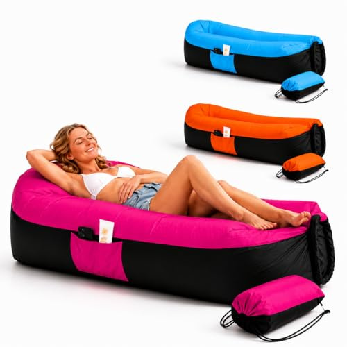 EastCity Luftsofa Aufblasbar mit Kopfstütze und Seitentasche, 230 x 70 cm Aufblasbares Sofa für Camping, Strand und Festival, Air Lounger mit Tragebeutel, Tragbare Aufblasbare Liege, Rosa