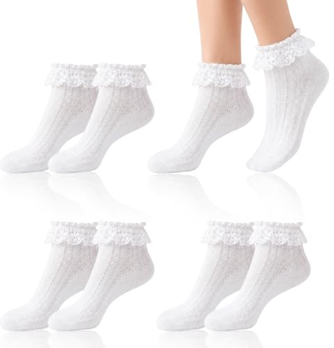 GgiAvbn Calzini tradizionali da donna, 4 paia, bianchi, con volant, con pizzo, calzini corti in rete, per Oktoberfest, feste popolari, Dirndl, pantaloni in pelle, costume tradizionale, feste