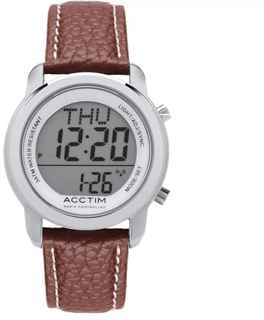 Acctim 'Grande' Radio Controlled LCD Metal Watch with EL Backlight & Calendar, Brown Leather Strap