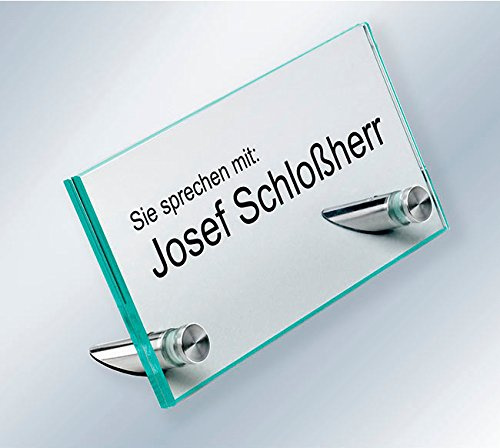 Tischaufsteller, Namensschild, Empfangsschild, ESG-Glas, 155x80x4 mm, 60° Aufstellwinkel, Schilderhalter Edelstahl mit flachem Kopf