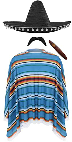 Mexikansk mankostym – blå, grön och orange poncho, svart sombrero, mexikansk tash, falsk cigarr – vuxna Western Bandit Wild West Cinco de Mayo maskeraddräkt