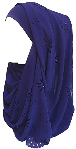 Lina & Lily Chiffon Hijab Kopftuch Schal mit Blumen und Perlen für muslimische Frauen (Königsblau)